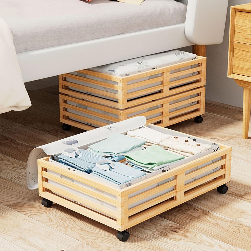 Sturdy Wood Rolling Under Bed Shoe Storage Organizer Drawer 2 Packs  (Nature, Small)