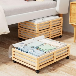 Bamboo Under Bed Storage Containers- Underbed Organizer with Wheels with Large Capacity Dust Bag